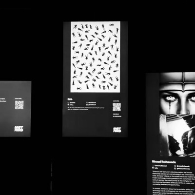 The work among panels in an exhibition space