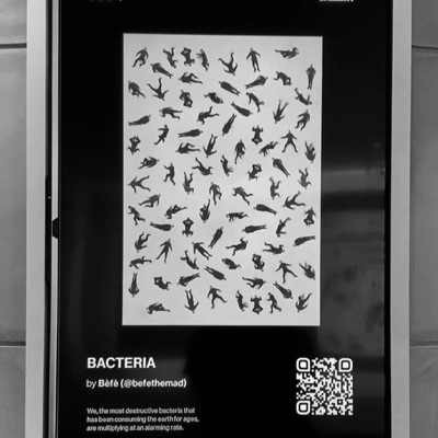 The work framed and captioned in an exhibition